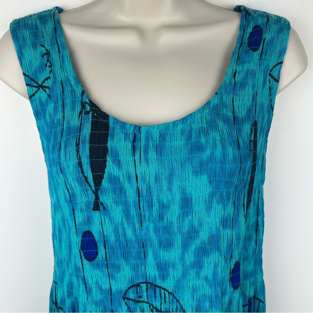 Kaktus Smocked Maxi Fish Print Dress M Beach Boho Vacation Coastal Summer Staple - Picture 4 of 13
